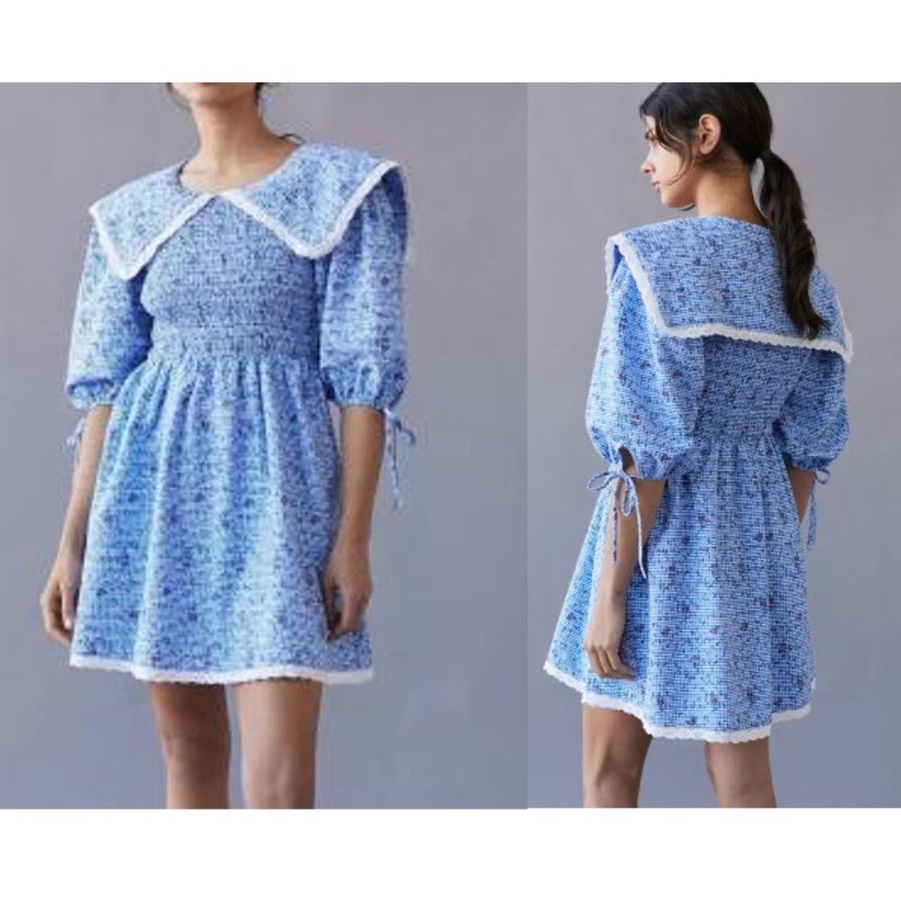 NWT One Loved Babe Smocked Baby Doll Dress Lace Trim Blue Women's Medium